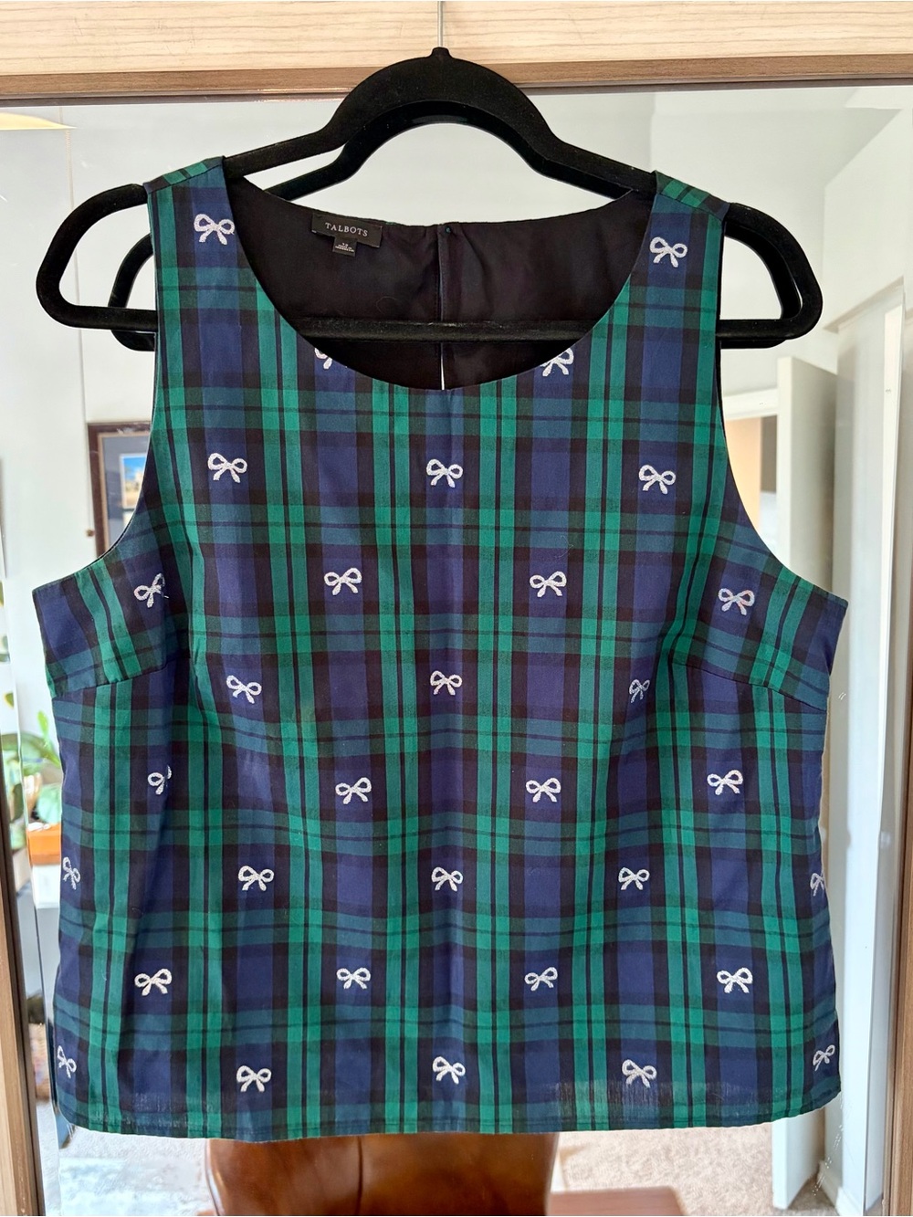 Talbots Plaid Bow Tank Top 100% Cotton Holiday Blouse Green Black Women Size 12